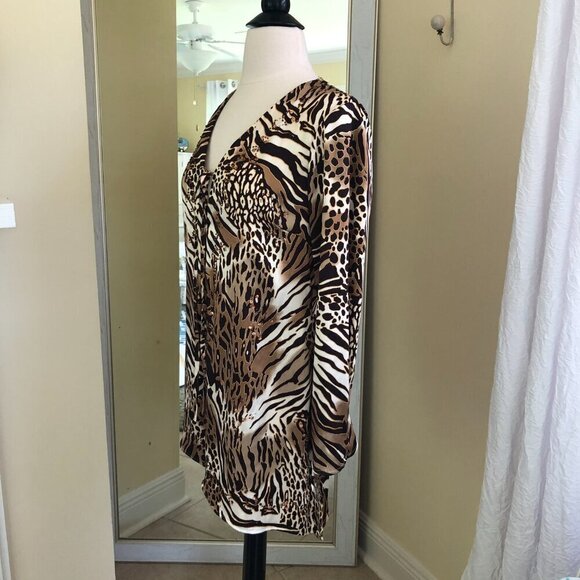 Vintage 90s Kaelyn Max Leopard Print Satiny Bell Sleeve Top Blouse Small - Picture 3 of 12